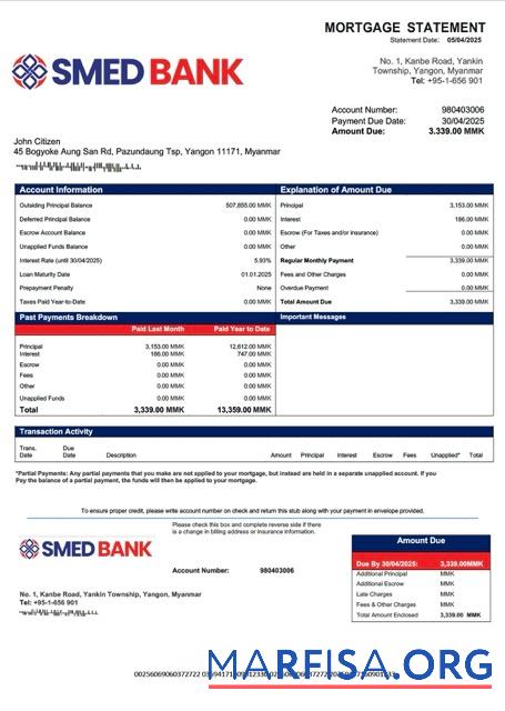 Blank Myanmar SME Development Bank mortgage statement Word and PDF template